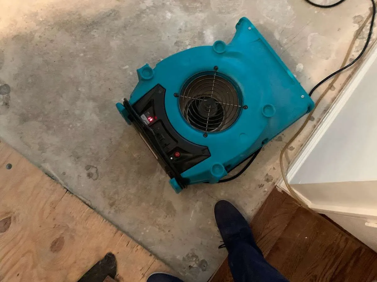 Air mover drying subfloor during Commercial Water Damage Restoration in Wappingers Falls